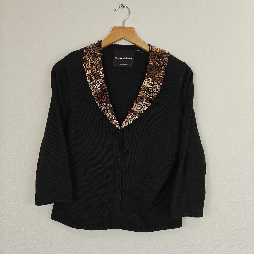 Michael Simon Black Sweater Cartigan Brown beaded V-neck 3/4 Sleeve Silk Blend S